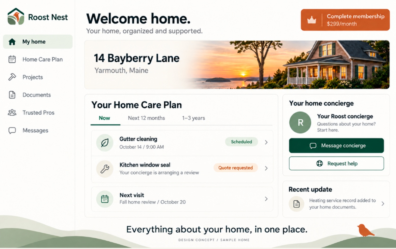 Illustrative Roost Nest interface showing a sample Complete membership, home care priorities, records, and next steps; not an Essential account